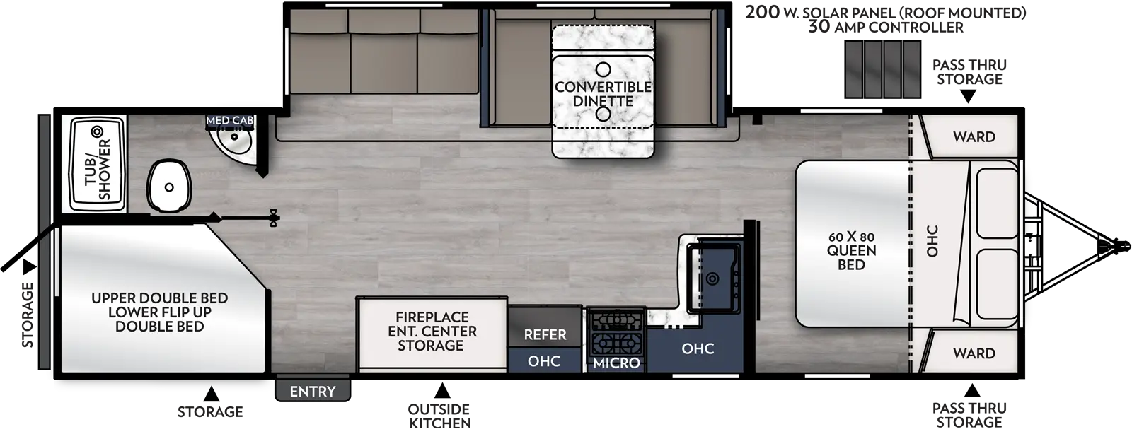 The 284BHSS has one slide out on the off-door side and one entry door on the door side. Interior layout from front to back: front bedroom with foot facing queen bed, overhead cabinet, and wardrobes on either side of the bed; kitchen living dining area with off door side slide out containing convertible dinette and sofa. Door side kitchen containing sink, overhead cabinet, cook top stove, overhead microwave, and refrigerator; door side entertainment center with fireplace and storage; off door side rear bathroom; double over double bunk beds on the rear door side; outside kitchen near the middle of the door side. 